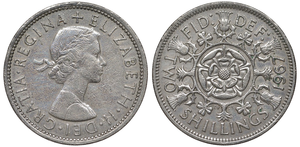 Великобритания 2 шиллинга (флорин) 1967 Елизавета II (1952-2022) KM 906, Spink 4146 медно-никель 4131-612