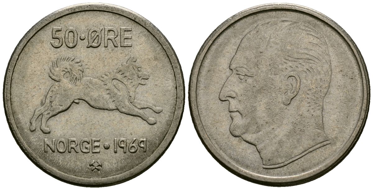 Норвегия 50 эре 1969 Улаф V (1957-1991), собака KM 408 медно-никель 4138-834