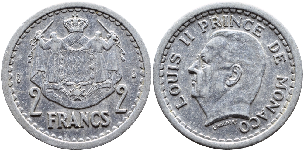 Монако 2 франка 1943 Луи II (1922-1949) KM 121 алюминий 4364-827