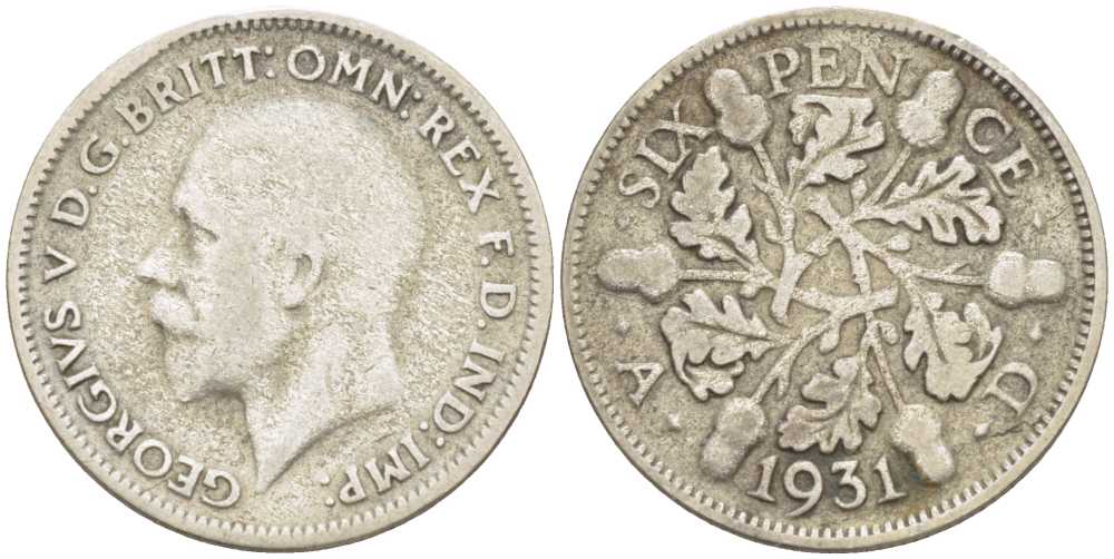 Великобритания 6 пенсов 1931 Георг V (1910-1936) KM 832, Spink 4041 серебро 26-829