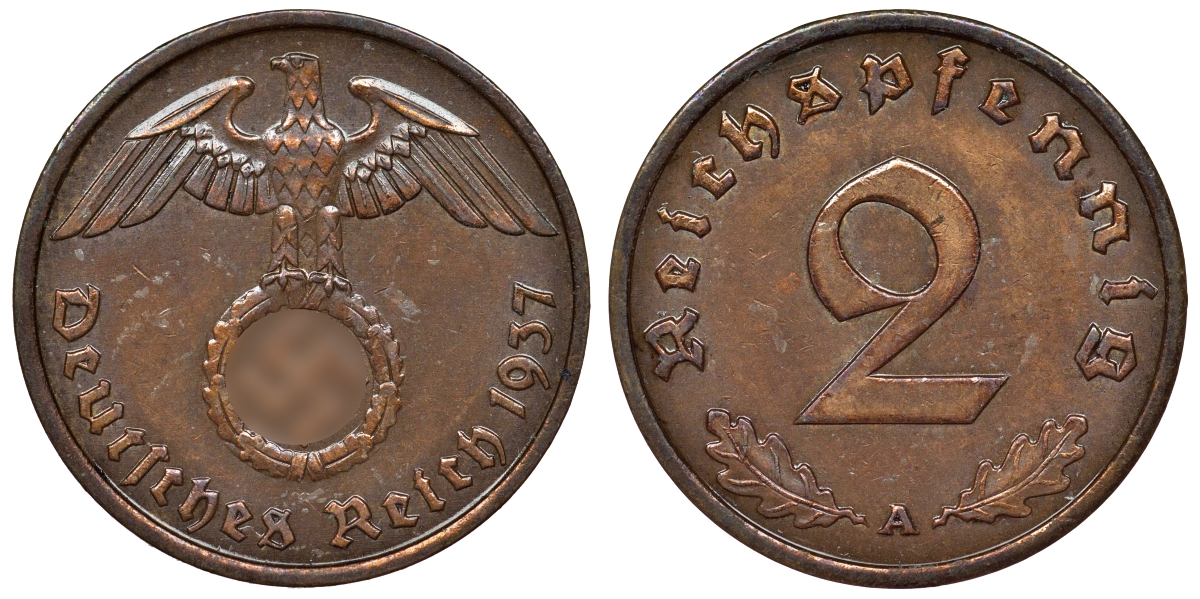 Германия 2 рейхспфеннига 1937 A KM 38, J. 362 алюминиевая бронза 4121-616