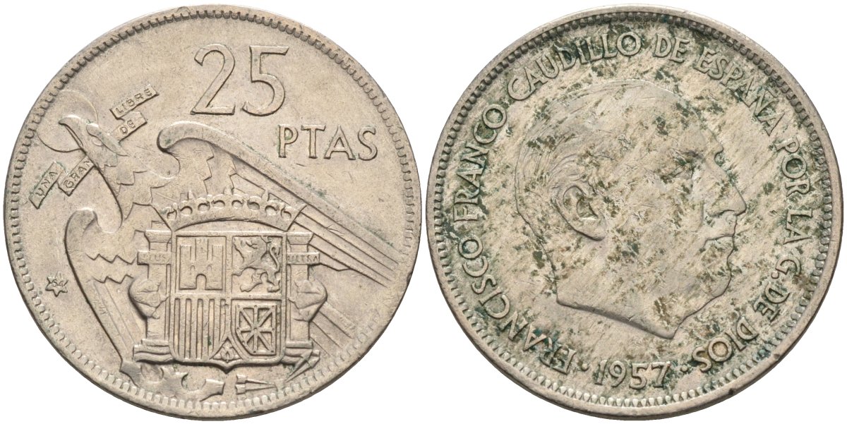 Испания 25 песет 1957 (64) Франсиско Франко (1939-1975) KM 787 медно-никель 81-1232