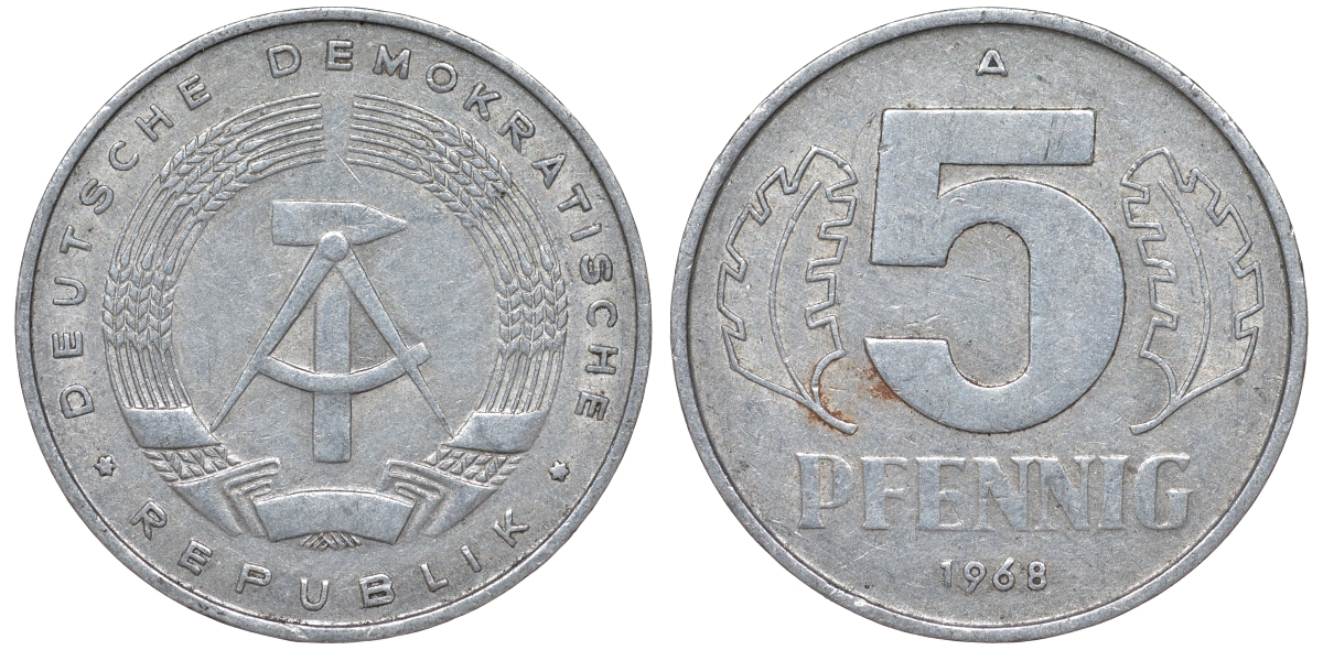 ГДР 5 пфеннигов 1968 A KM 9.1 алюминий 62-223