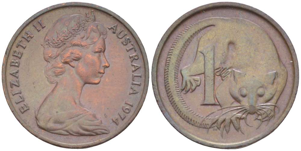 АВСТРАЛИЯ 1 ЦЕНТ 1974 ЕЛИЗАВЕТА II (1952-) МОЛОДОЙ ПОРТРЕТ, ОПОССУМ KM 62 бронза 4516-632