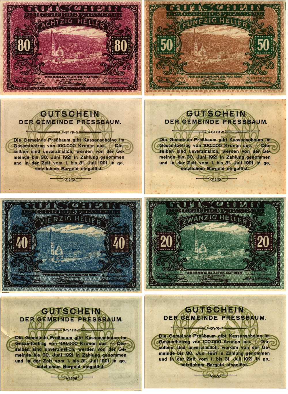 Австрия, Пресбаум набор из 4 банкнот, 20, 40, 50, 80 геллеров 1920 нотгельд, 25 мая 1925, Нижняя Австрия   бумага  00-00-00