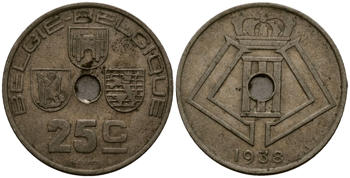 Бельгия 25 сантимов 1938 Belgie - Belgique KM 115 никель латунь 4403-1243