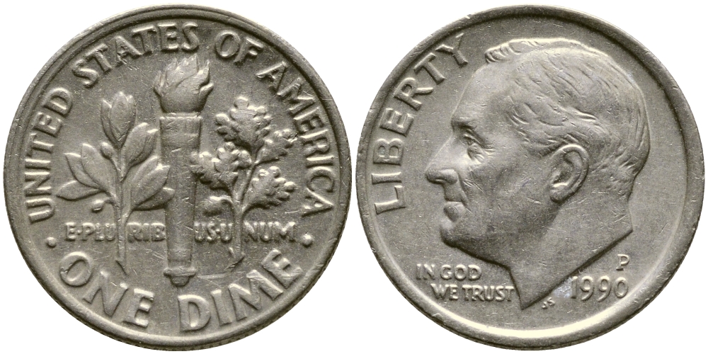 США 10 ЦЕНТОВ = 1 ДАЙМ 1990 P, РУЗВЕЛЬТ KM 195а медь плакированная медно-никелем 46-2367