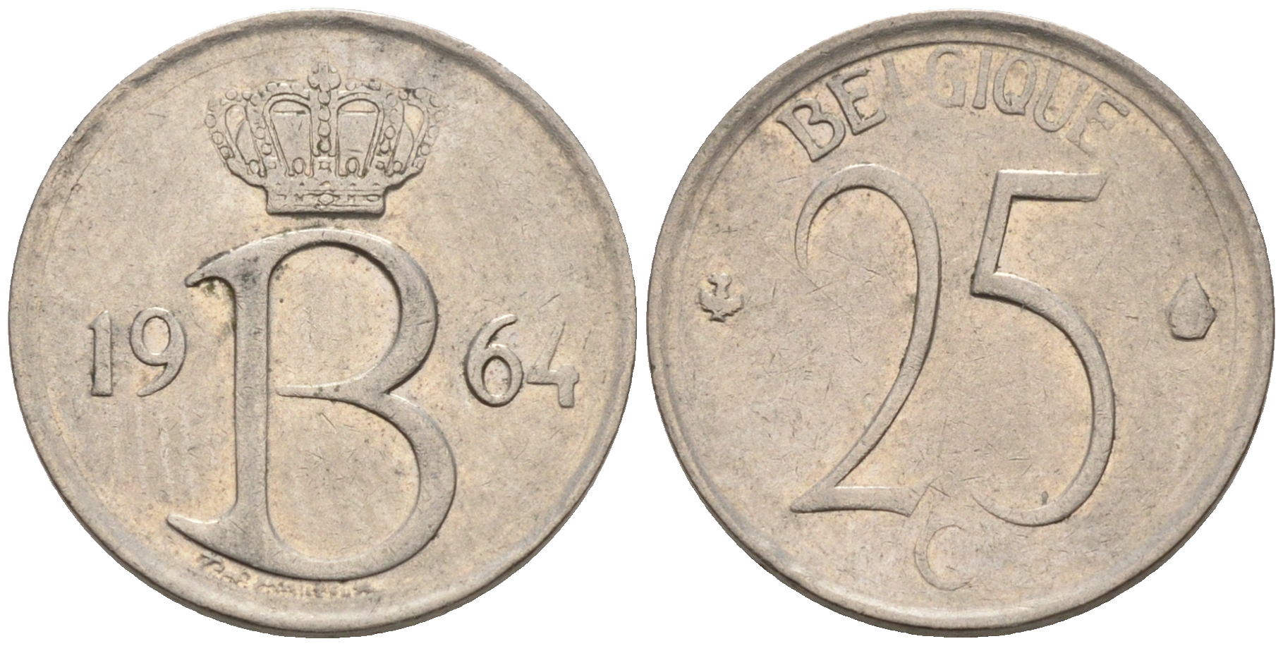 Бельгия 25 сантимов 1964 Belgique, Бодуэн I (1951-1993) KM 153.1 медно-никель 4564-134