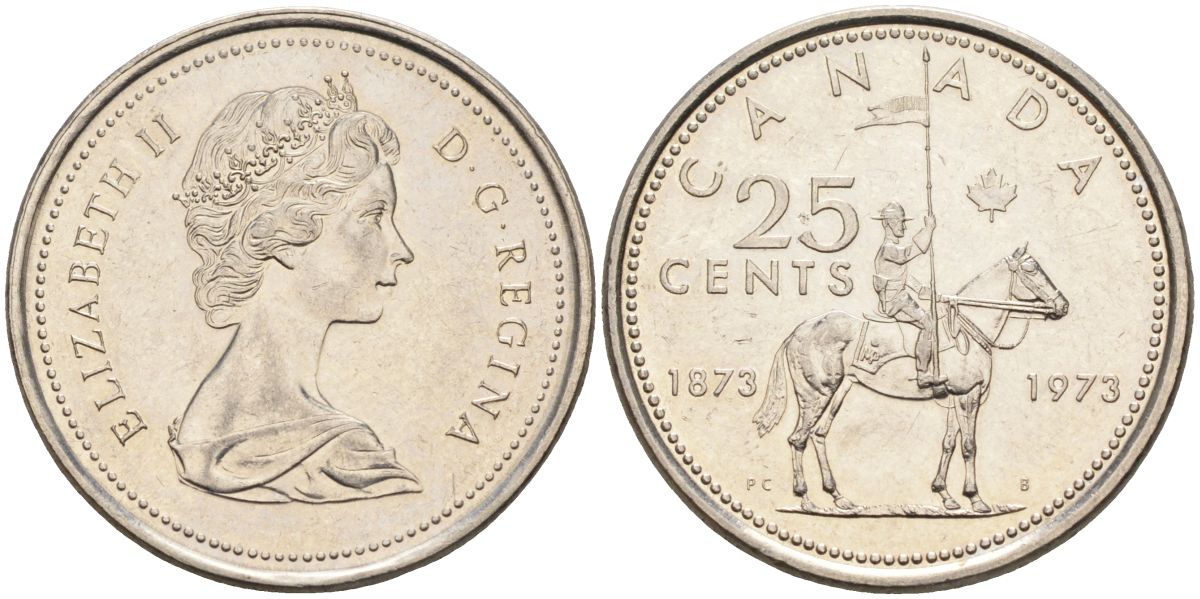 Канада 25 центов 1973 100 лет канадской горной полиции (1873-1973), Елизавета II (1952-2022) KM 81 никель 4126-516