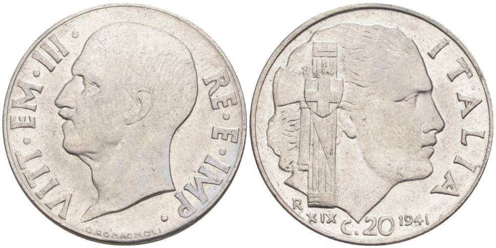 ИТАЛИЯ 20 ЧЕНТЕЗИМО 1941 R, ГОД XIX, ВИКТОР ЭММАНУИЛ III (1900-1946) KM 75b, VEM3. 1028 нержавеющая сталь 3853-944