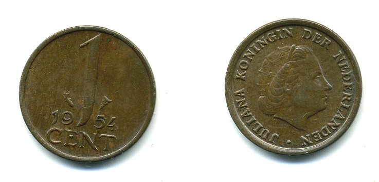 Нидерланды 1 цент 1954 Юлиана (1949-1980) KM 180 бронза 76-251