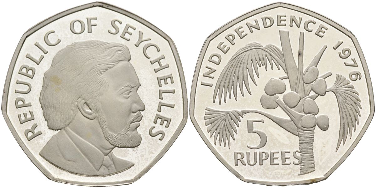 Сейшельские острова 5 рупий 1976 декларация независимости KM 27а серебро PROOF 00-00