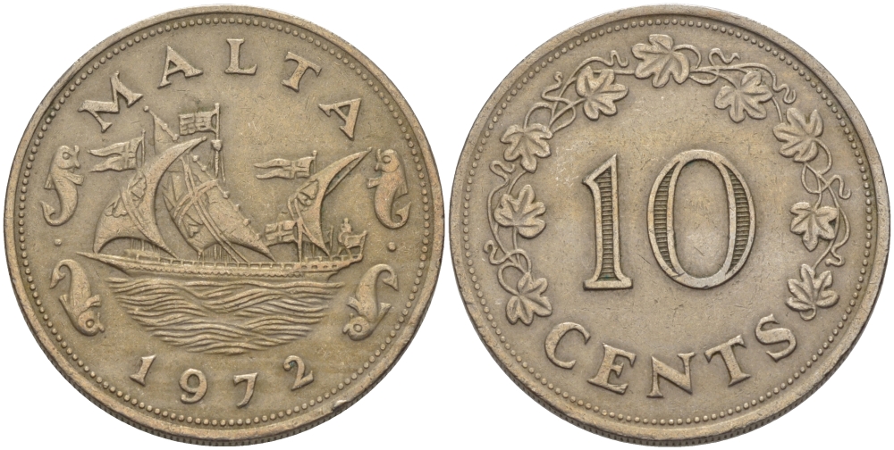 Мальта 10 центов 1972 баржа Великого магистра KM 11 медно-никель 82-441