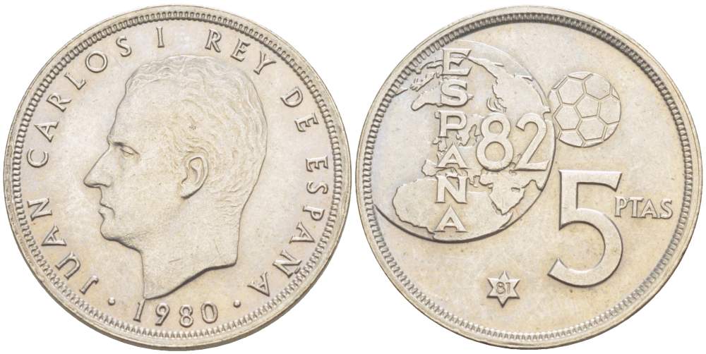Испания 5 песет 1980 (81) чемпионат мира по футболу в Испании 1982 года, Хуан Карлос I (1975-) KM 817 медно-никель 4523-457