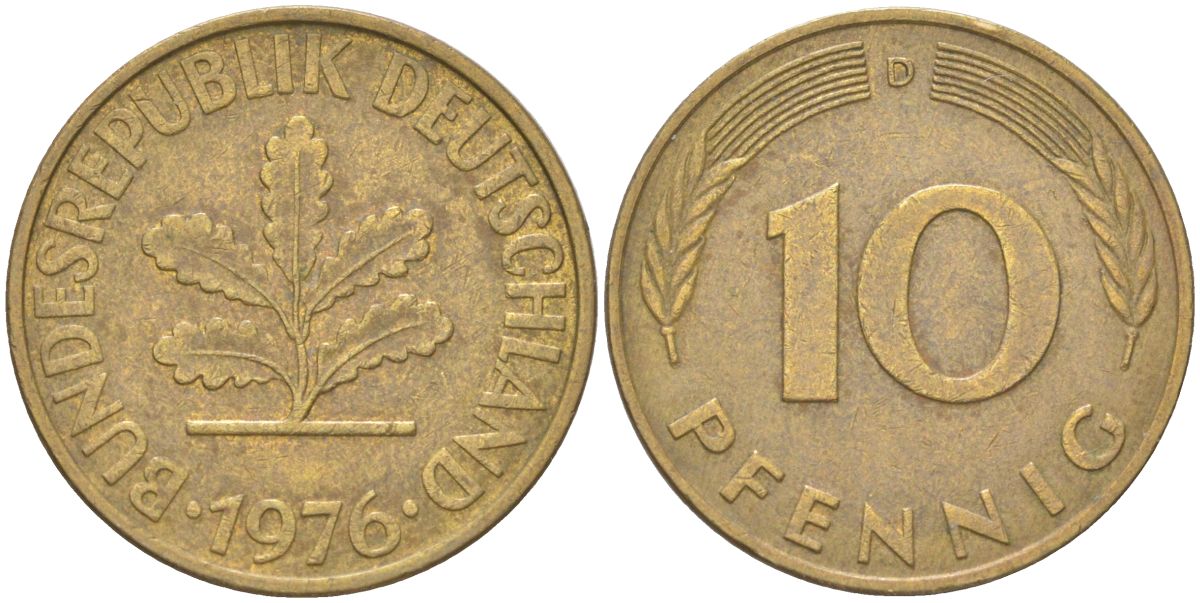 ФРГ 10 пфеннигов 1976 D KM 108 сталь плакированная латунью 4613-1235