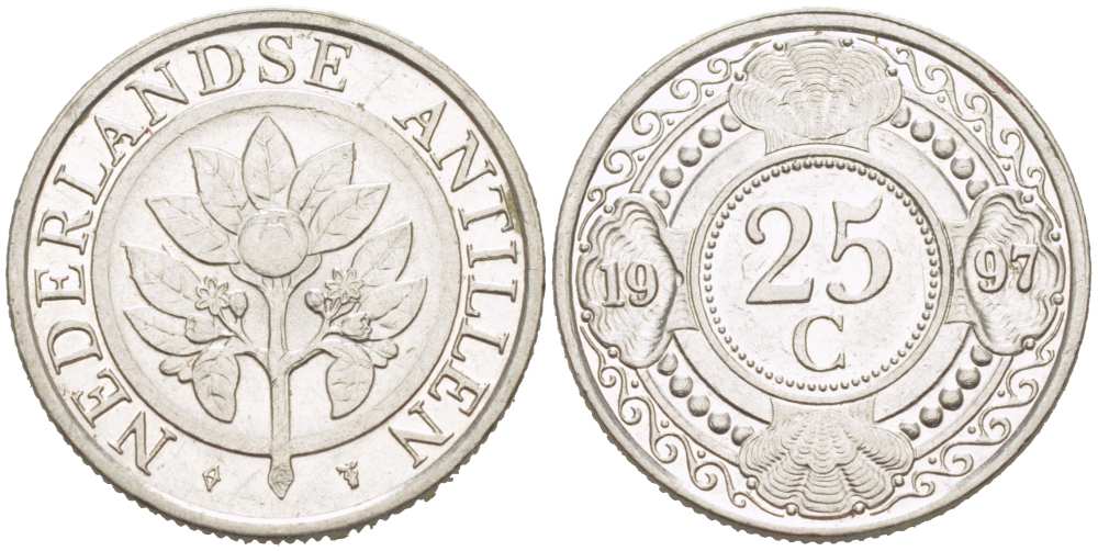 Нидерландские Антилы 25 центов 1997 Беатрикс (1980-2013) KM 35 сталь плакированная никелем 218-1213