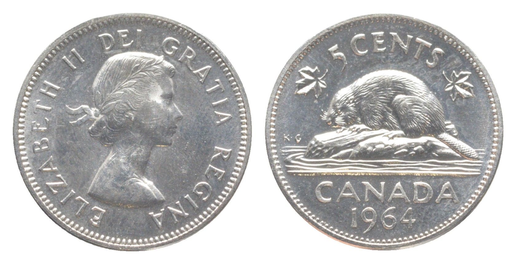 Канада 5 центов 1964 Елизавета II (1952-2022), бобр KM 57 никель PROOF-LIKE (BU) 4639-443