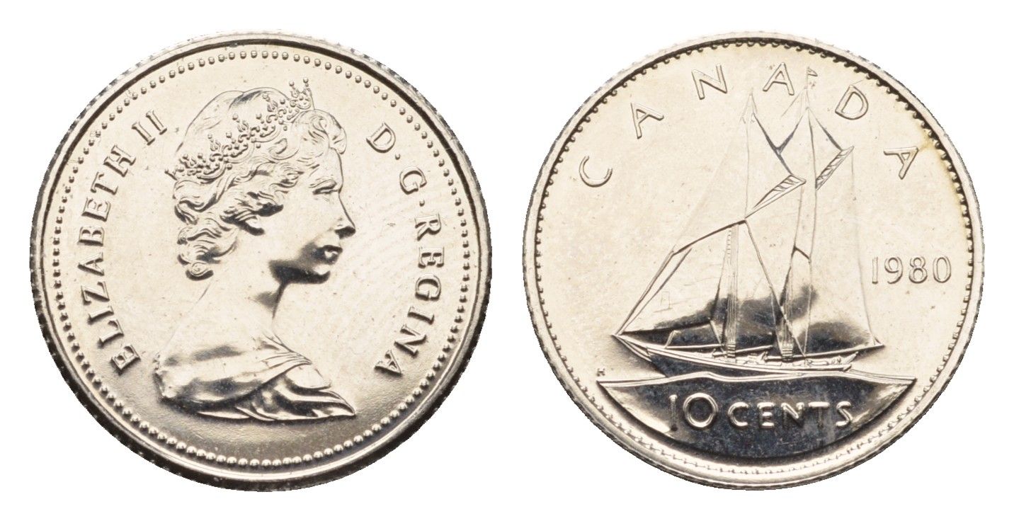 Канада 10 центов 1980 Елизавета II (1952-2022), парусник KM 77 никель BU 179-312