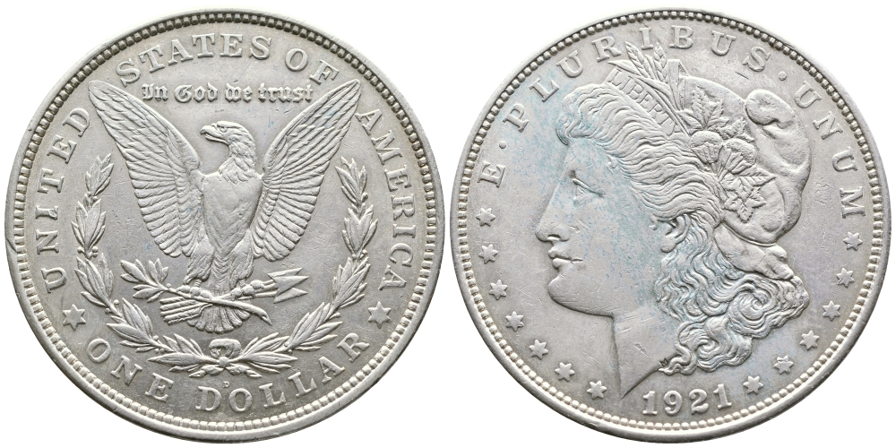 США 1 доллар 1921 D, Морган доллар KM 110 серебро 443-124
