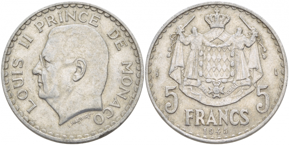 Монако 5 франков 1945 Луи II (1922-1949) KM 122 алюминий 3457-536