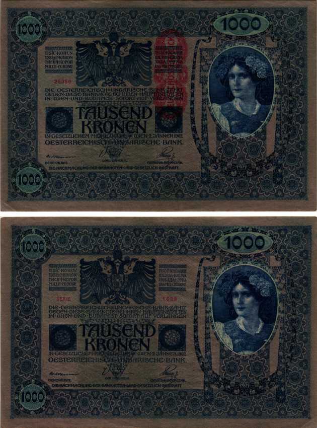 АВСТРИЯ 1000 КРОН 1919 КРАСНАЯ ВЕРТИКАЛЬНАЯ НАДПЕЧАТКА НА 1902 Pick 59 бумага аUNC 8607-5-1