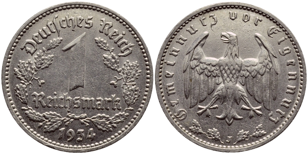 ГЕРМАНИЯ 1 РЕЙХСМАРКА 1934 J КМ 78 J.354 никель 57-116