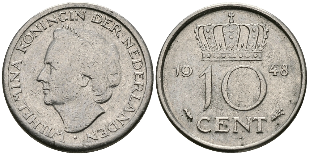 Нидерланды 10 центов 1948 Вильгельмина (1895-1948) KM 177 никель 96-521