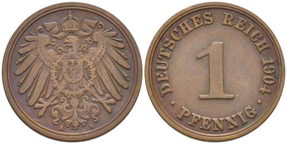 ГЕРМАНИЯ 1 ПФЕННИГ 1904 A KM 10, J. 10, Weege 2 медь 211-323