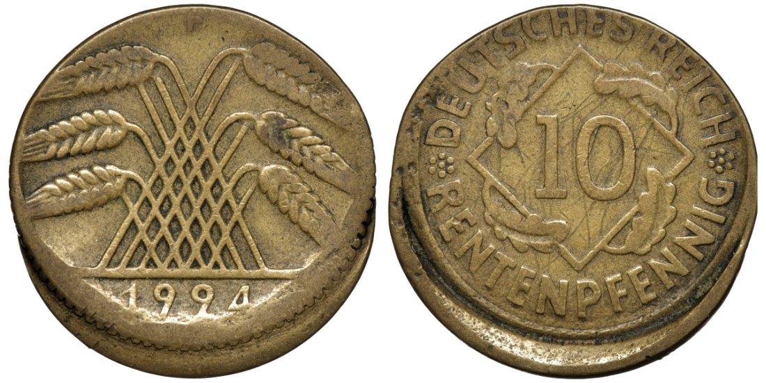 Германия 10 рентенпфеннигов 1924 F, БРАК, СМЕЩЕНИЕ KM 33, J. 309 алюминиевая бронза 1519-842