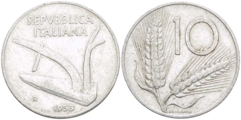 Италия 10 лир 1953 R, плуг, колосья KM 93 алюминий 175-343