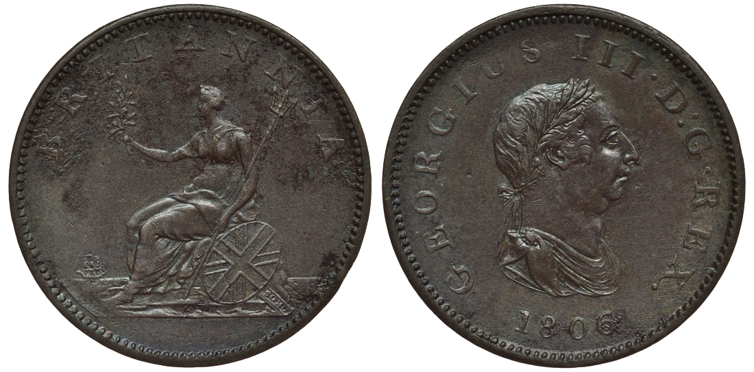 Великобритания 1/2 пенни 1806 Георг III (1760-1820) KM 662, Spink 3781 медь 1523-1244