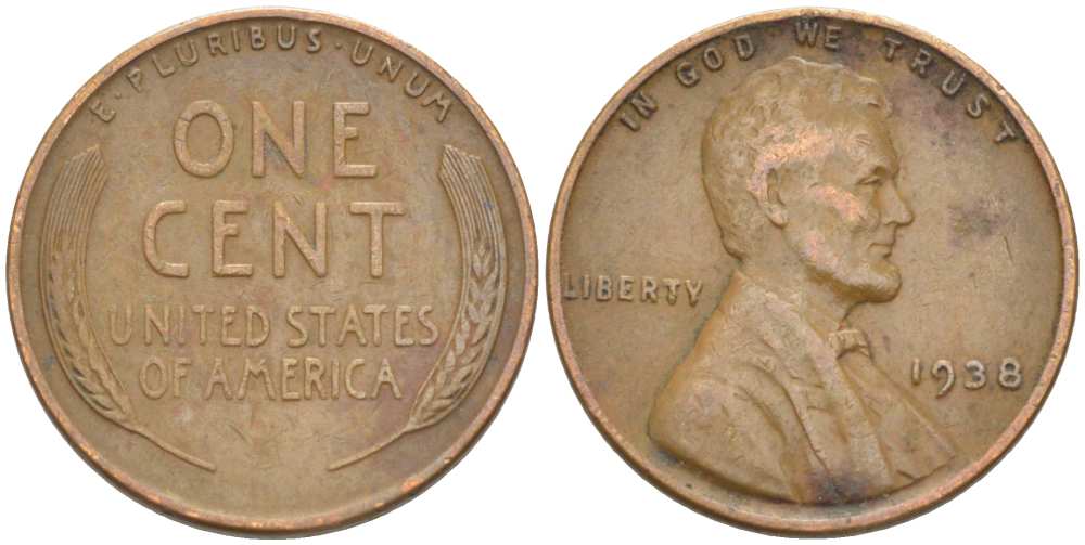 США 1 ЦЕНТ 1938 ЛИНКОЛЬН KM 132 бронза 3309-1241