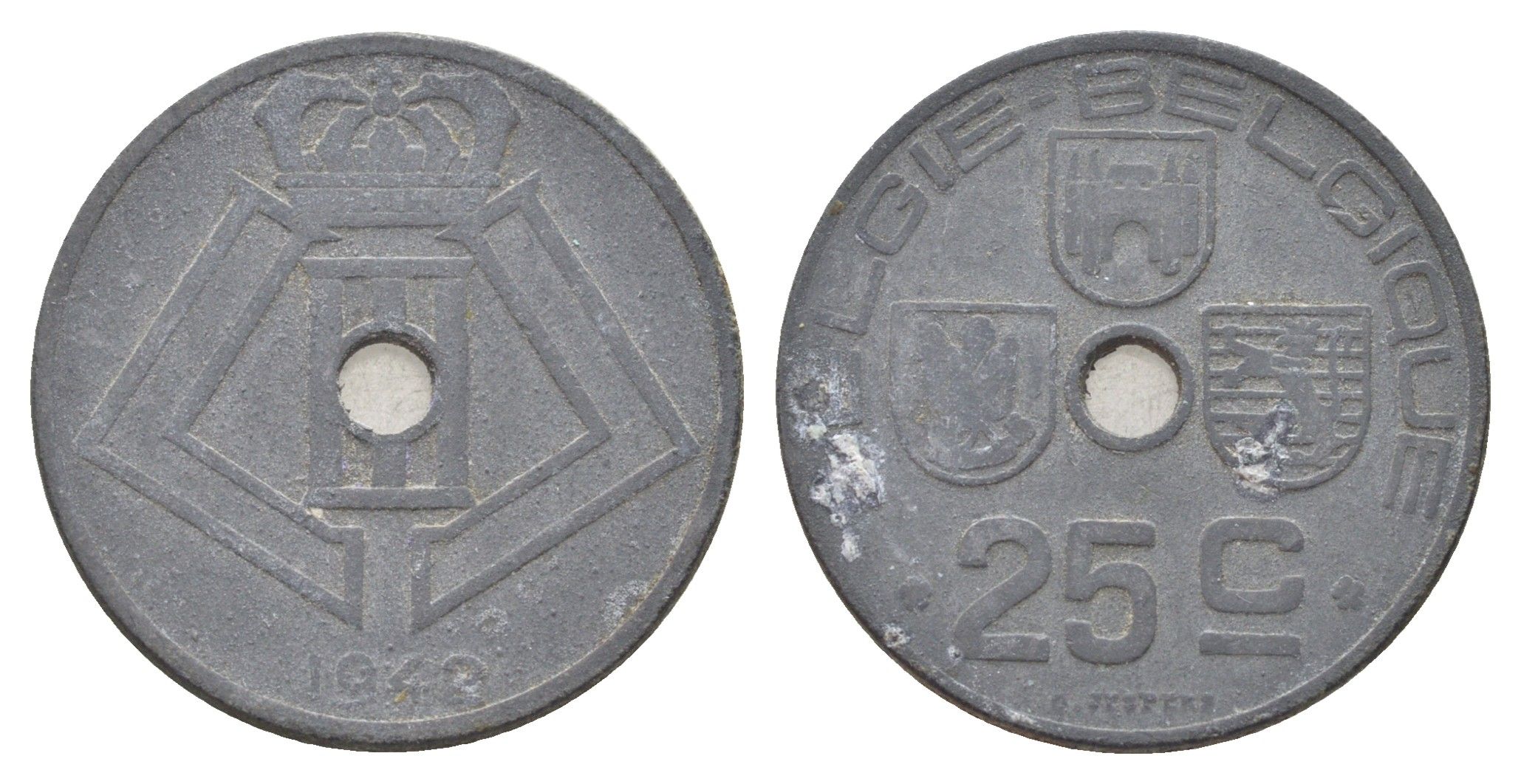 Бельгия 25 сантимов 1946 Belgie - Belgique, Леопольд III (1934-1947), германская оккупация, Вторая мировая война KM 132 цинк 4704-1036