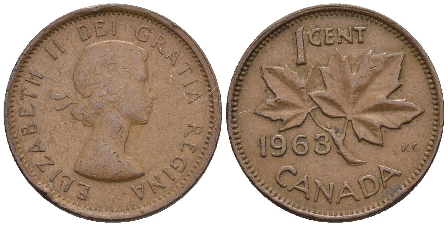 Канада 1 цент 1963 Елизавета II (1952-2022), кленовый лист KM 49 бронза 4609-123