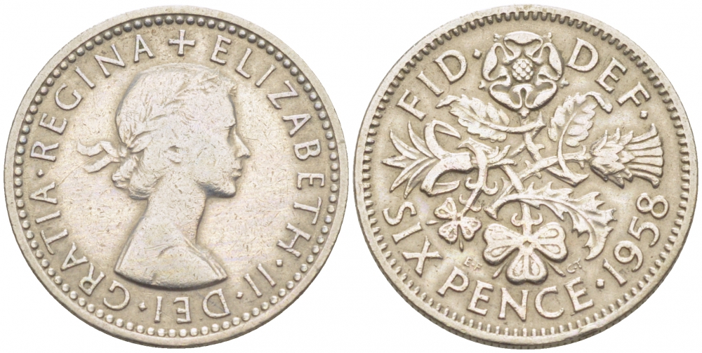 Великобритания 6 пенсов 1958 Елизавета II (1952-2022) KM 903, Spink 4149 медно-никель 3718-249