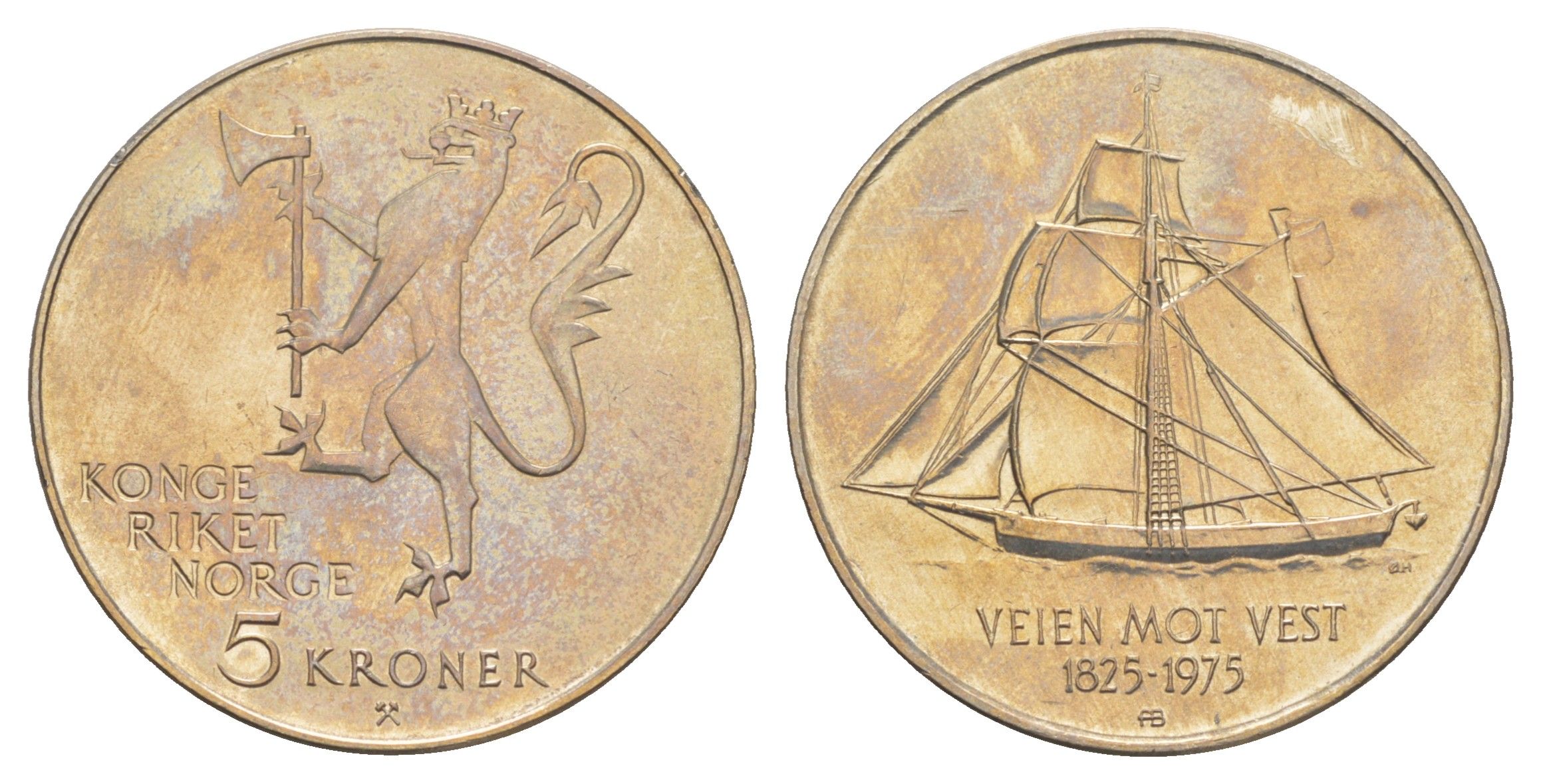 Норвегия 5 крон 1975 150 лет иммиграции в Америку KM 422 медно-никель aUNC 4652-837