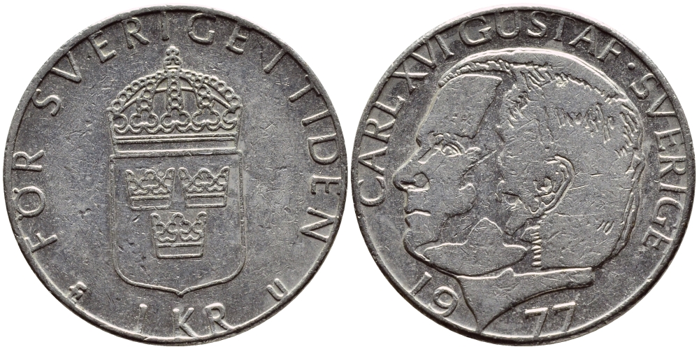 Швеция 1 крона 1977 Карл XVI Густав (1973- ) KM 852 медь плакированная медно-никелем 4397-521