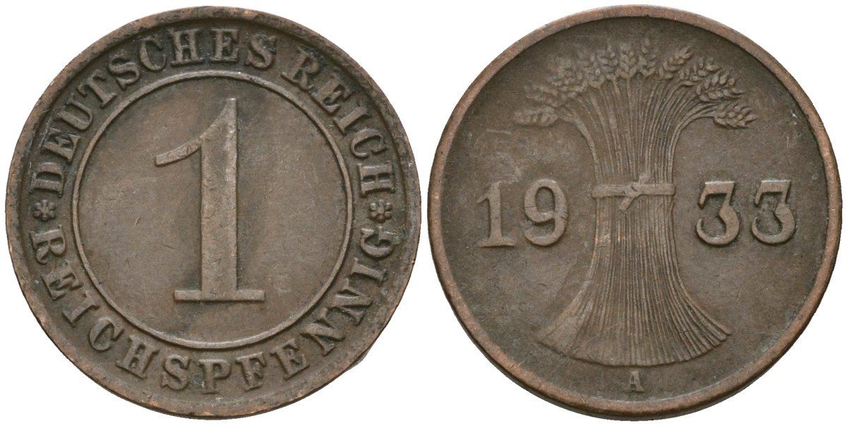 Германия 1 рейхспфенниг 1933 A KM 37, J. 313 бронза 4189-1164
