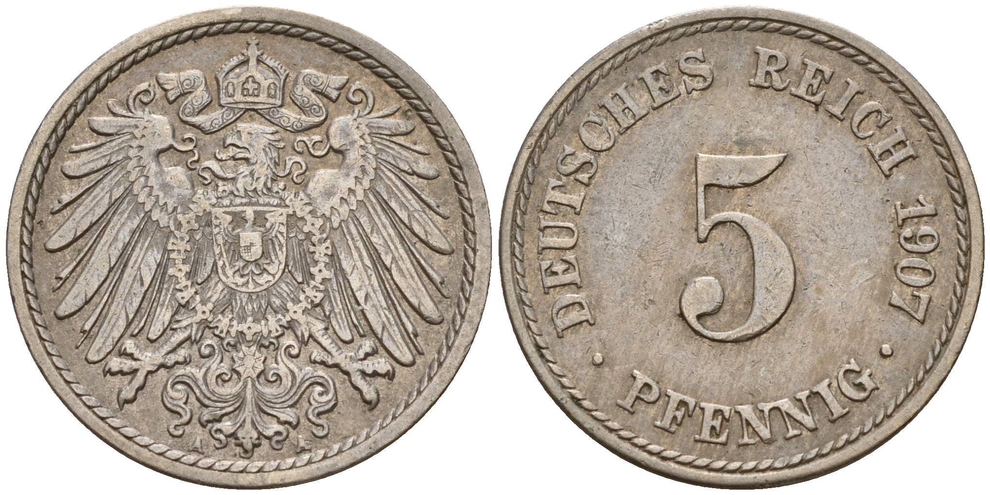 Германия 5 пфеннигов 1907 A J.12, KM 11 медно-никель    4598-1135