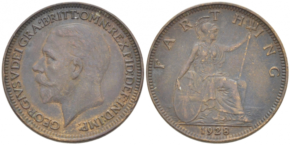 Великобритания 1 фартинг 1928 Георг V (1910-1936) KM 825, Spink 4061 бронза 3955-264
