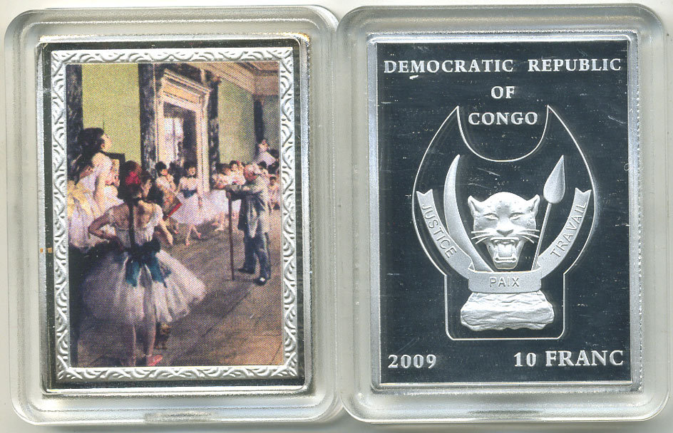 Конго 10 франков 2009 серия шедевры мировой живописи, ЭДГАР ДЕГА, КЛАСС ТАНЦА, серебрение, размер 35Х46 мм., цветная эмаль медно-никель PROOF M43-2