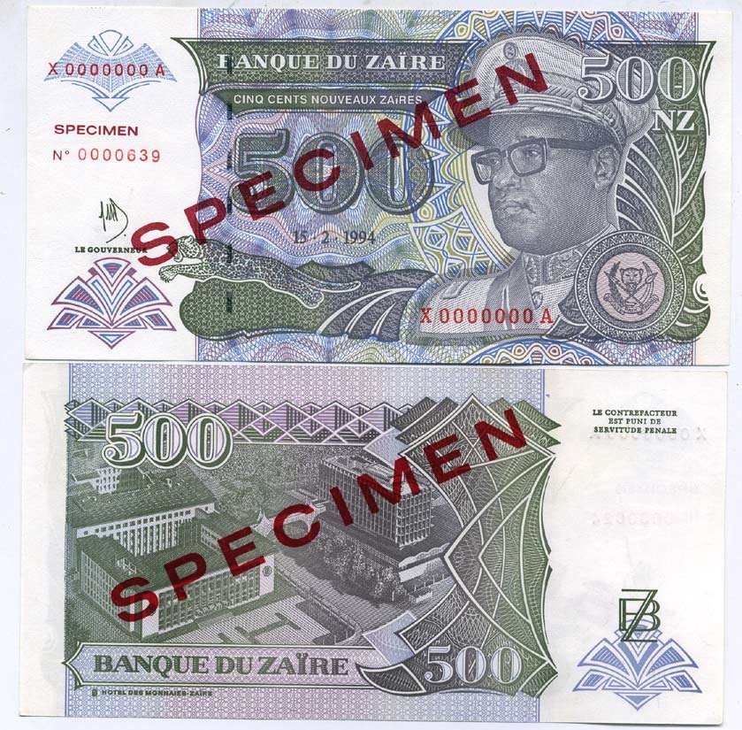 Заир 500 заиров 1994 Мобуту Сесе Секо в военной форме, Центральный банк в Киншасе, Hotel des Monnaies. Образец, Specimen Pick 63 s бумага UNC (пресс) 448-37-2