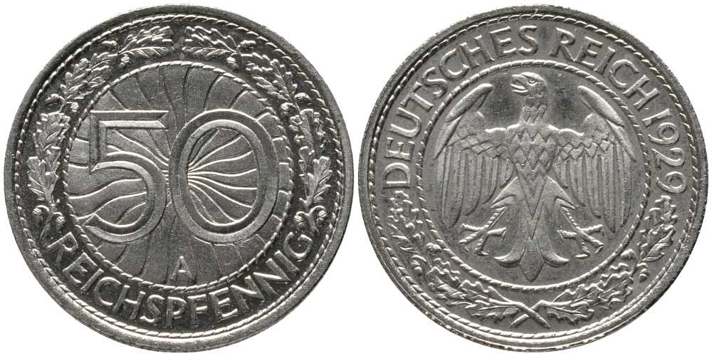 Германия 50 рейхспфеннигов 1929 A KM 49, J. 324 никель PROOF 00-817-40