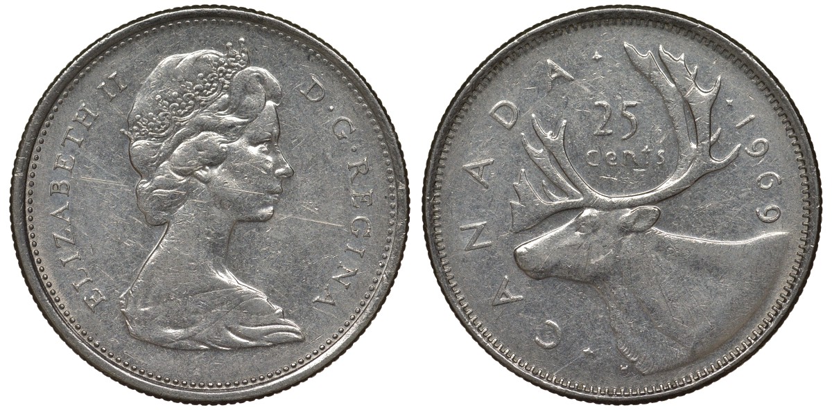 Канада 25 центов 1969 Елизавета II (1952-2022), олень KM 62 b никель 4128-641