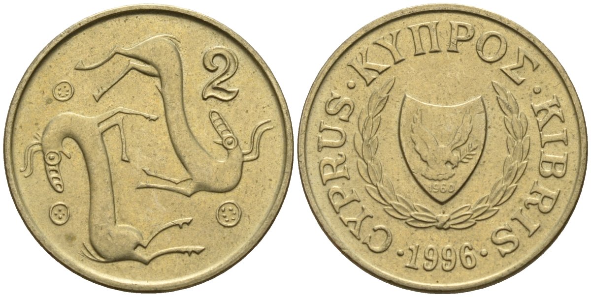 Кипр 2 цента 1996 KM 54.3 никель латунь 4596-116