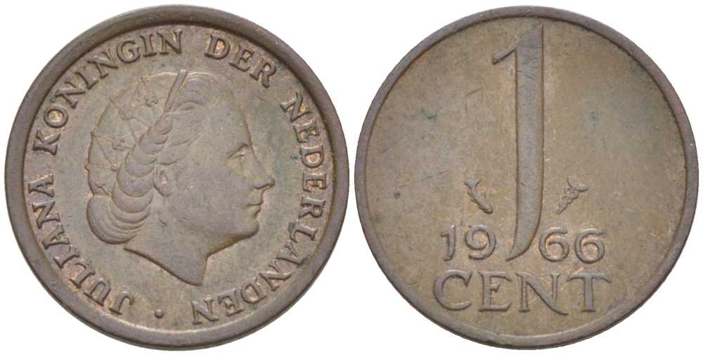 НИДЕРЛАНДЫ 1 ЦЕНТ 1966 ЮЛИАНА (1948-1980) KM 180 бронза 214-1035