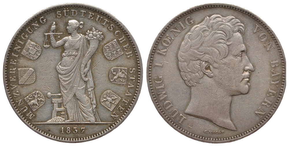 Бавария 2 талера 1837 монетный союз шести южных немецких земель KM 792, AKS 98 b, Dav. 581, Kahnt 102 f, Thun 75 серебро 00-811-20