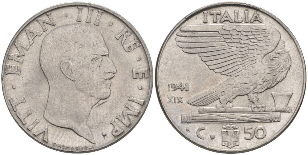 ИТАЛИЯ 50 ЧЕНТЕЗИМО 1941 R, ГОД XIX, ВИКТОР ЭММАНУИЛ III (1900-1946) KM 76b, VEM3. 1063 нержавеющая сталь 3853-342