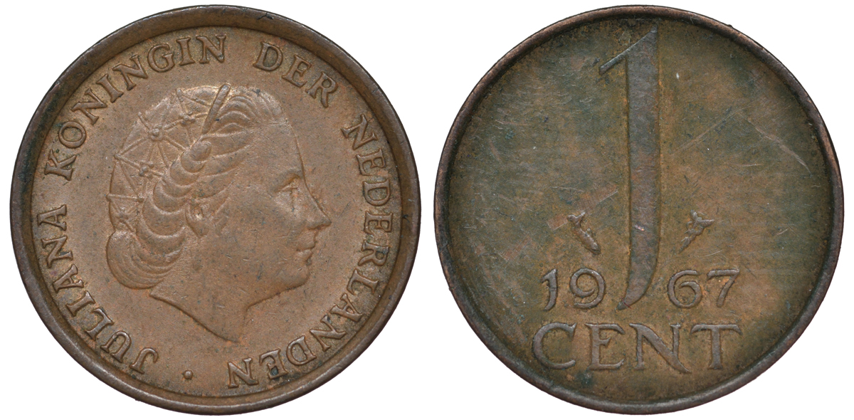 НИДЕРЛАНДЫ 1 ЦЕНТ 1967 ЮЛИАНА KM 180 бронза 45-1225