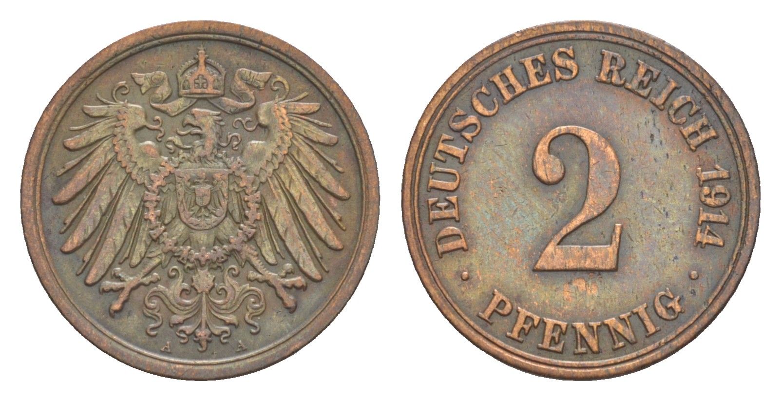 Германия 2 пфеннига 1914 A, Вильгельм II (1888-1918) KM 16, J. 11 медь 4647-854